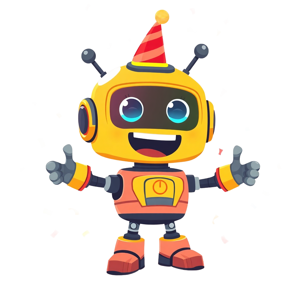 happy excited cartoon robot character with confetti and celebration, vibrant colors, modern flat illustration