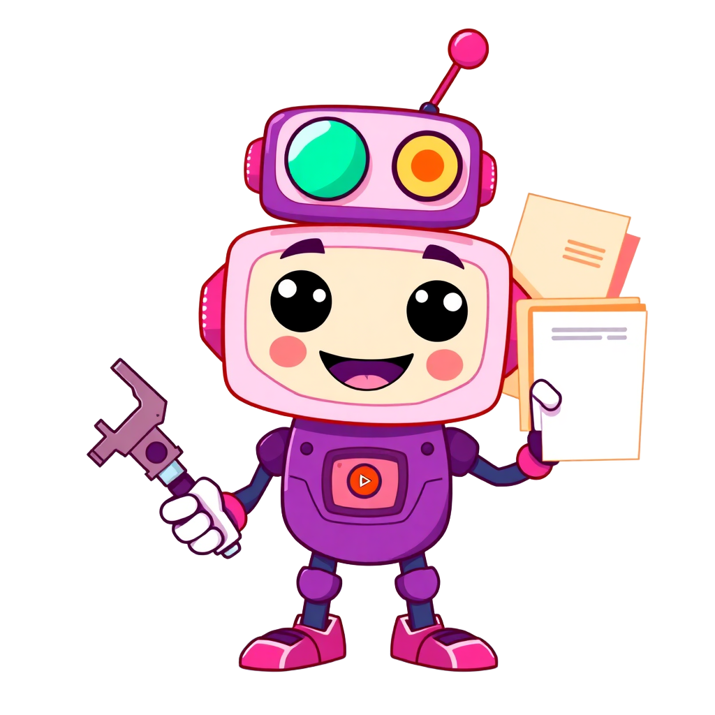 playful cartoon mascot robot character holding tools and files, friendly smile, vibrant purple and pink colors, modern flat illustration style